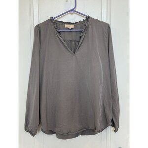 Loft Outlet Ruffle V-Neck Long Sleeves Large Grey Blouse Casual EUC